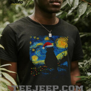 Official Black cat Santa hat Starry Night 2025 t shirt