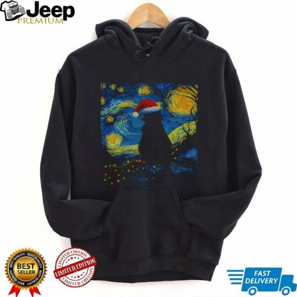 Official Black cat Santa hat Starry Night 2025 t shirt
