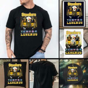Pittsburgh Steelers city skyline Bradshaw and Roethlisberger legends Super Bowl signatures shirt
