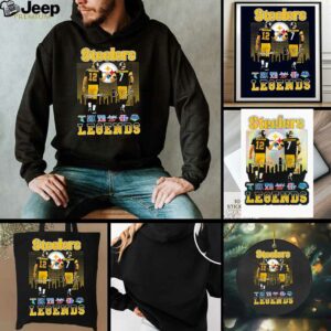 Pittsburgh Steelers city skyline Bradshaw and Roethlisberger legends Super Bowl signatures shirt