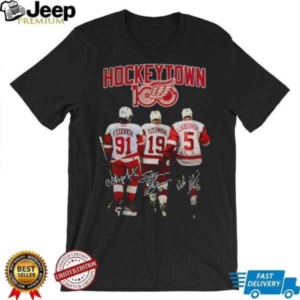 Sergei Fedorov Steve Yzerman and Nicklas Lidstrom Red Wings Hockeytown signatures shirt