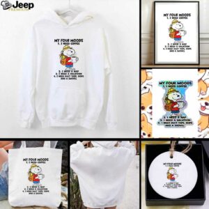 Snoopy my four moods I need coffee I need a nap I need a vacation I need duct tape rope and a shovel shirt