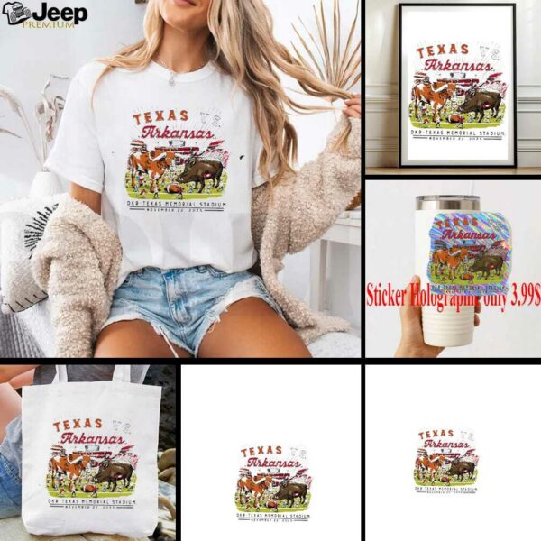 Texas Longhorns vs Arkansas Razorbacks DKR Texas Memorial stadium game day 2025 mascot football shirt