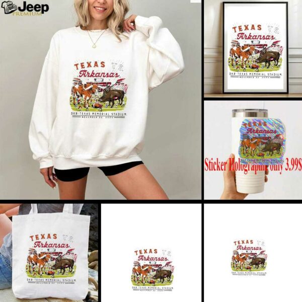 Texas Longhorns vs Arkansas Razorbacks DKR Texas Memorial stadium game day 2025 mascot football shirt