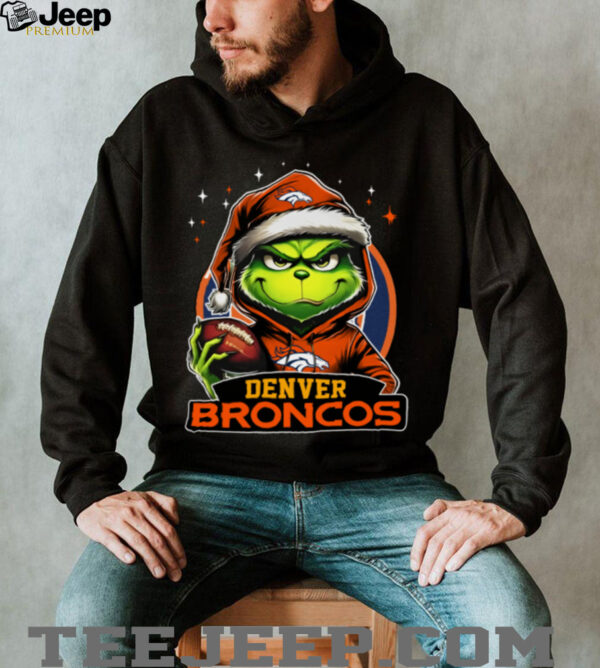 Broncos X Grinch Santa Hat Hold Bowl Merry Christmas Shirt