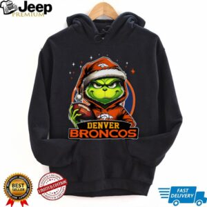 Broncos X Grinch Santa Hat Hold Bowl Merry Christmas Shirt
