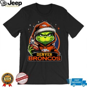 Broncos X Grinch Santa Hat Hold Bowl Merry Christmas Shirt