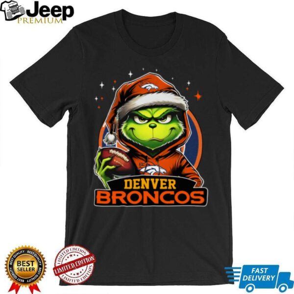 Broncos X Grinch Santa Hat Hold Bowl Merry Christmas Shirt