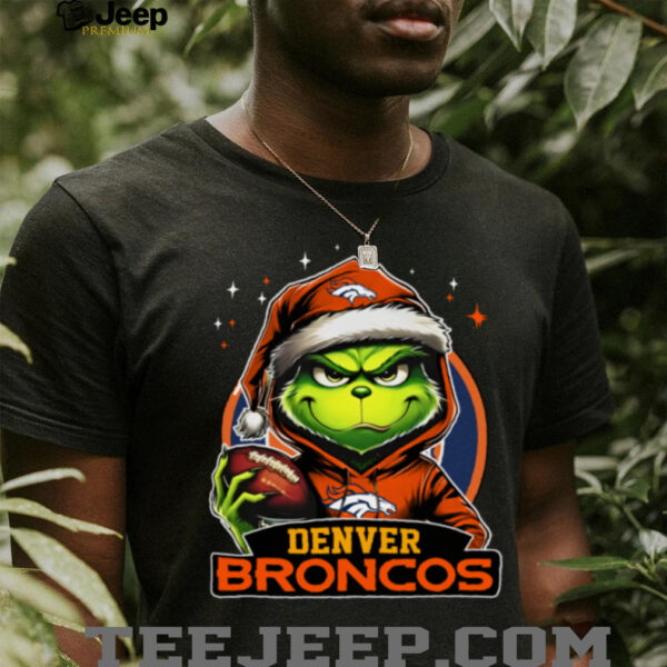Broncos X Grinch Santa Hat Hold Bowl Merry Christmas Shirt