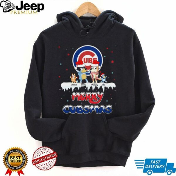 Chicago Cubs Custom Name Bluey Family Christmas Shirt – Personalized MLB Fan Tee – Holiday Baseball Gift for Men & Women