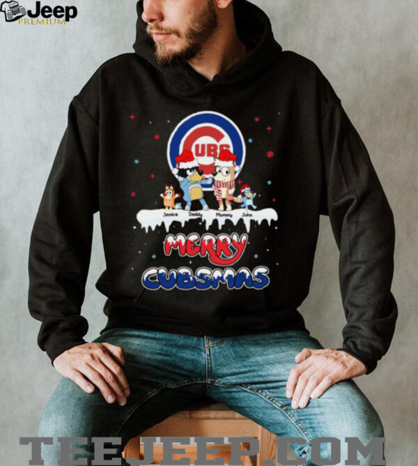 Chicago Cubs Custom Name Bluey Family Christmas Shirt – Personalized MLB Fan Tee – Holiday Baseball Gift for Men & Women