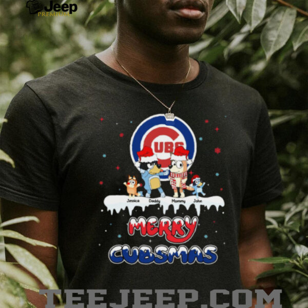 Chicago Cubs Custom Name Bluey Family Christmas Shirt – Personalized MLB Fan Tee – Holiday Baseball Gift for Men & Women