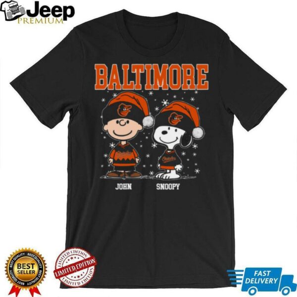Custom Baltimore Orioles Holiday Baseball Shirt, Snoopy Charlie Brown Christmas Tee with Santa Hat, Cute MLB Fan Gift Idea