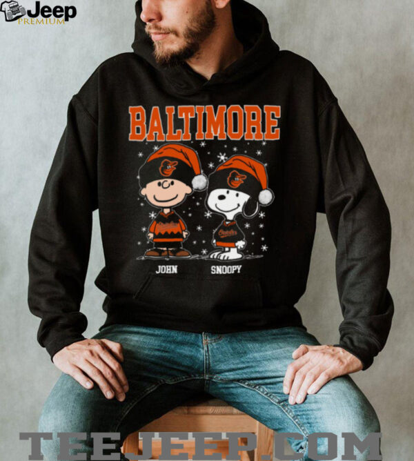 Custom Baltimore Orioles Holiday Baseball Shirt, Snoopy Charlie Brown Christmas Tee with Santa Hat, Cute MLB Fan Gift Idea
