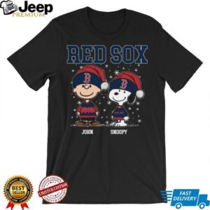 Custom Boston Red Sox Christmas Shirt, Snoopy Charlie Brown Holiday Baseball Tee with Santa Hat, Cute MLB Fan Gift Idea