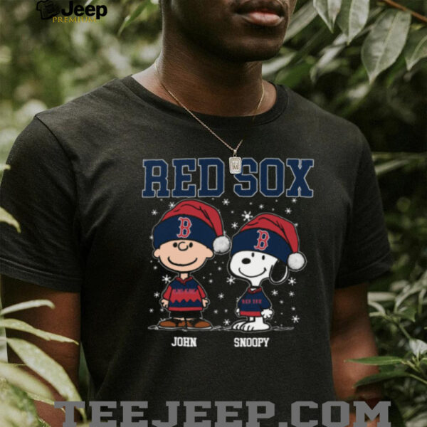 Custom Boston Red Sox Christmas Shirt, Snoopy Charlie Brown Holiday Baseball Tee with Santa Hat, Cute MLB Fan Gift Idea