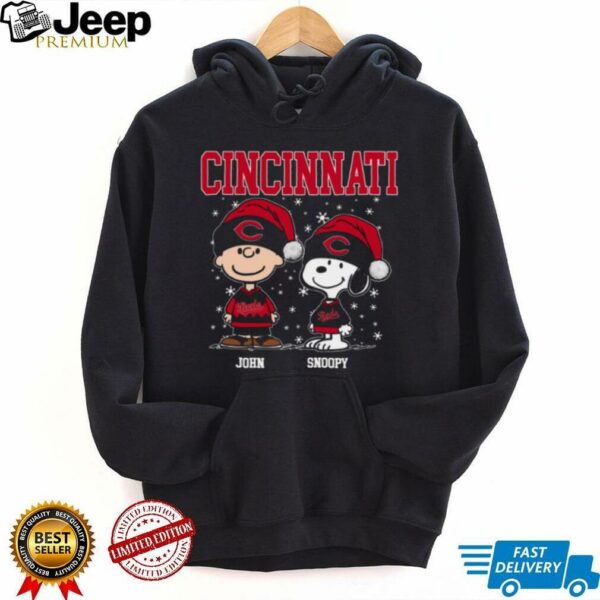 Custom Cincinnati Reds Holiday Shirt, Snoopy Charlie Brown Christmas Baseball Tee with Santa Hat, Cute MLB Fan Gift