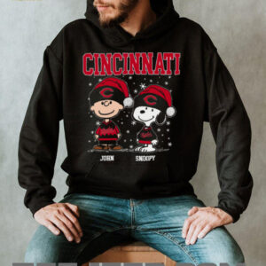 Custom Cincinnati Reds Holiday Shirt, Snoopy Charlie Brown Christmas Baseball Tee with Santa Hat, Cute MLB Fan Gift