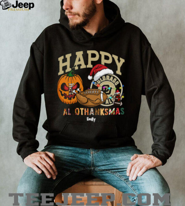Custom Colorado Buffaloes HalloThanksMas Shirt, Festive Holiday Tee with Pumpkin Football Santa Hat, NCAA Gift for Halloween Thanksgiving Christmas