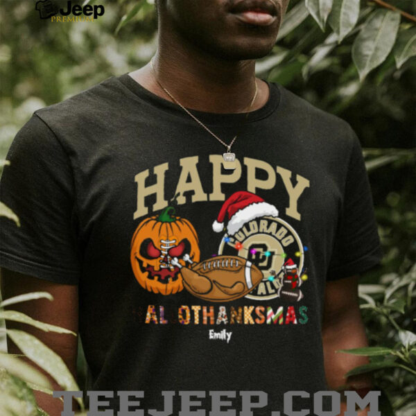 Custom Colorado Buffaloes HalloThanksMas Shirt, Festive Holiday Tee with Pumpkin Football Santa Hat, NCAA Gift for Halloween Thanksgiving Christmas