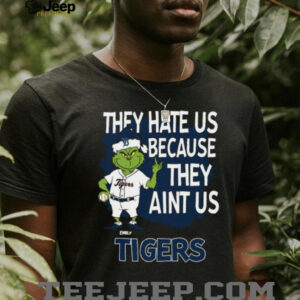 Custom Detroit Tigers Christmas Shirt, Grinch Santa Baseball Tee with Quote They Hate Us Ain’t Us, Funny MLB Fan Gift