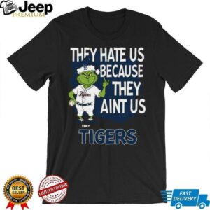 Custom Detroit Tigers Christmas Shirt, Grinch Santa Baseball Tee with Quote They Hate Us Ain’t Us, Funny MLB Fan Gift