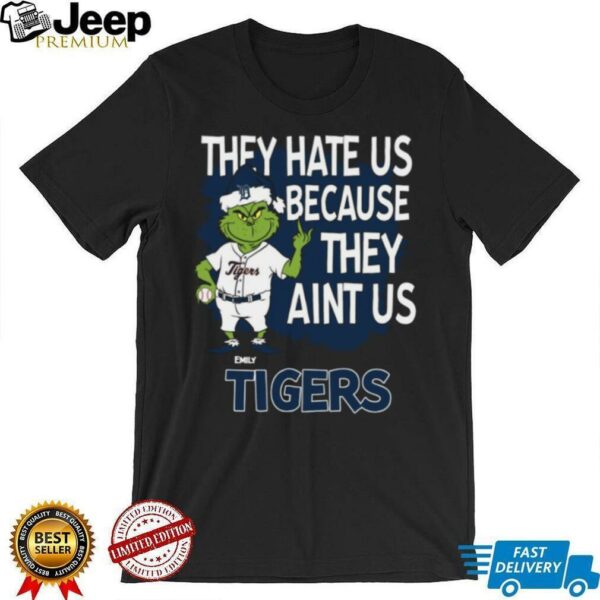 Custom Detroit Tigers Christmas Shirt, Grinch Santa Baseball Tee with Quote They Hate Us Ain’t Us, Funny MLB Fan Gift