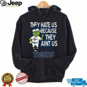 Custom Detroit Tigers Christmas Shirt, Grinch Santa Baseball Tee with Quote They Hate Us Ain’t Us, Funny MLB Fan Gift