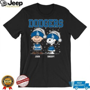 Custom Dodgers Snoopy Charlie Brown Holiday Shirt, Christmas Baseball Tee with Santa Hat, Cute Funny MLB Fan Gift