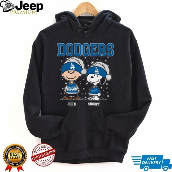 Custom Dodgers Snoopy Charlie Brown Holiday Shirt, Christmas Baseball Tee with Santa Hat, Cute Funny MLB Fan Gift
