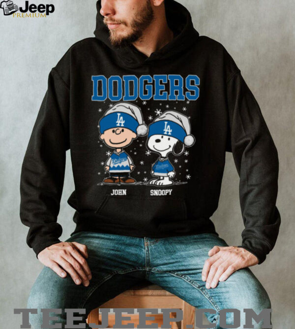 Custom Dodgers Snoopy Charlie Brown Holiday Shirt, Christmas Baseball Tee with Santa Hat, Cute Funny MLB Fan Gift