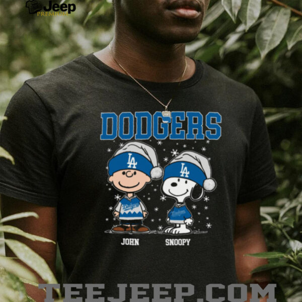 Custom Dodgers Snoopy Charlie Brown Holiday Shirt, Christmas Baseball Tee with Santa Hat, Cute Funny MLB Fan Gift