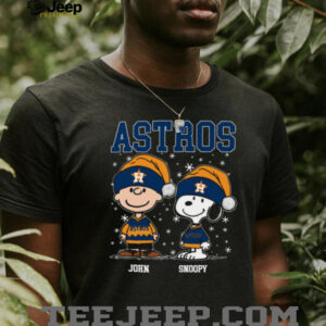 Custom Houston Astros Christmas Tee, Snoopy Charlie Brown Holiday Shirt with Santa Hat, Cute MLB Baseball Fan Gift Idea