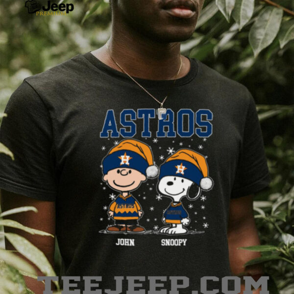 Custom Houston Astros Christmas Tee, Snoopy Charlie Brown Holiday Shirt with Santa Hat, Cute MLB Baseball Fan Gift Idea