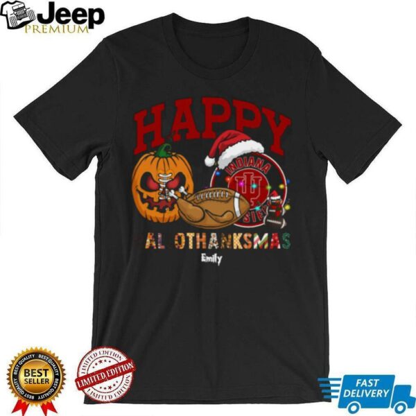 Custom Indiana Hoosiers HalloThanksMas Shirt, Cute Holiday Tee with Pumpkin Santa Hat Football, NCAA Gift for Halloween Thanksgiving Christmas