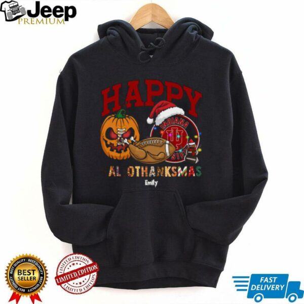 Custom Indiana Hoosiers HalloThanksMas Shirt, Cute Holiday Tee with Pumpkin Santa Hat Football, NCAA Gift for Halloween Thanksgiving Christmas