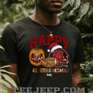Custom Indiana Hoosiers HalloThanksMas Shirt, Cute Holiday Tee with Pumpkin Santa Hat Football, NCAA Gift for Halloween Thanksgiving Christmas