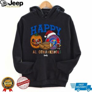 Custom Kansas Jayhawks HalloThanksMas Shirt, Cute Holiday Tee with Pumpkin Santa Hat Football, NCAA Gift for Halloween Thanksgiving Christmas