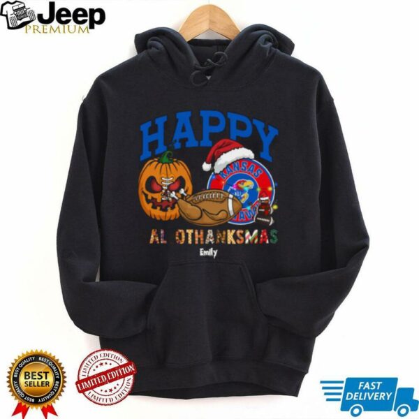 Custom Kansas Jayhawks HalloThanksMas Shirt, Cute Holiday Tee with Pumpkin Santa Hat Football, NCAA Gift for Halloween Thanksgiving Christmas