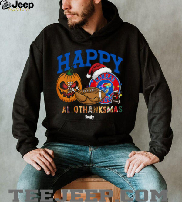 Custom Kansas Jayhawks HalloThanksMas Shirt, Cute Holiday Tee with Pumpkin Santa Hat Football, NCAA Gift for Halloween Thanksgiving Christmas