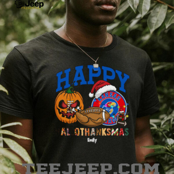 Custom Kansas Jayhawks HalloThanksMas Shirt, Cute Holiday Tee with Pumpkin Santa Hat Football, NCAA Gift for Halloween Thanksgiving Christmas