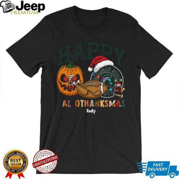 Custom Michigan State Spartans HalloThanksMas Shirt, Festive Holiday Tee with Pumpkin Football Santa Hat, NCAA Gift for Halloween Thanksgiving Christmas