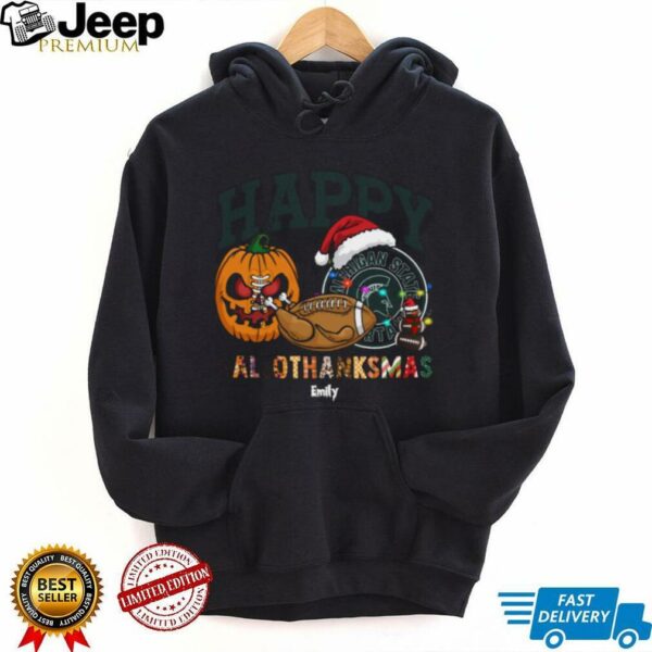 Custom Michigan State Spartans HalloThanksMas Shirt, Festive Holiday Tee with Pumpkin Football Santa Hat, NCAA Gift for Halloween Thanksgiving Christmas