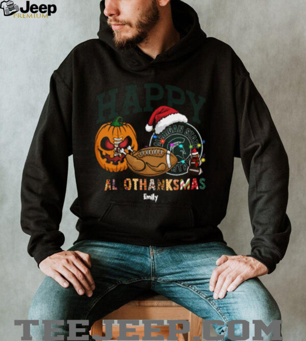 Custom Michigan State Spartans HalloThanksMas Shirt, Festive Holiday Tee with Pumpkin Football Santa Hat, NCAA Gift for Halloween Thanksgiving Christmas
