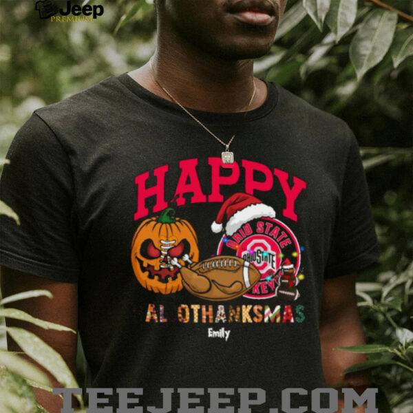 Custom Ohio State Buckeyes HalloThanksMas Shirt, Cute Holiday Tee with Pumpkin Santa Hat Football, NCAA Gift for Halloween Thanksgiving Christmas