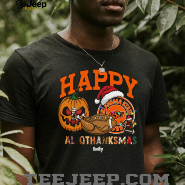Custom Oklahoma State Cowboys HalloThanksMas Shirt, Festive Holiday Tee with Pumpkin Football Santa Hat, NCAA Gift for Halloween Thanksgiving Christmas