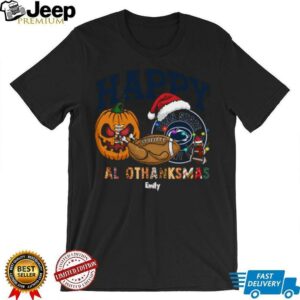 Custom Penn State Nittany Lions HalloThanksMas Shirt, Festive Holiday Tee with Pumpkin Football Santa Hat, NCAA Gift for Halloween Thanksgiving Christmas