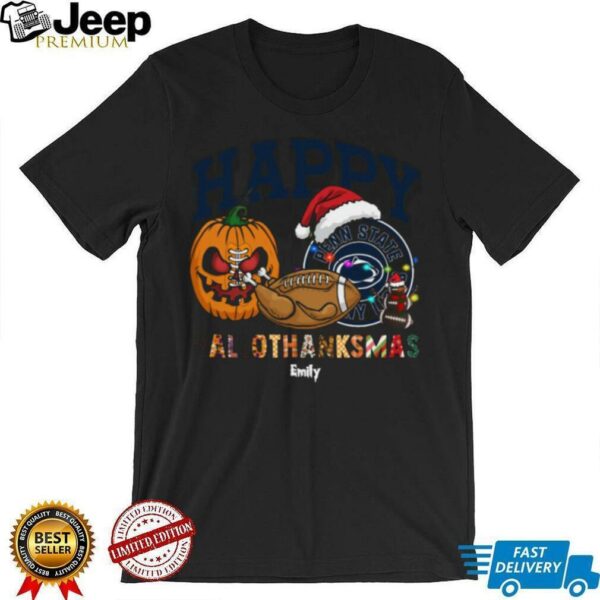 Custom Penn State Nittany Lions HalloThanksMas Shirt, Festive Holiday Tee with Pumpkin Football Santa Hat, NCAA Gift for Halloween Thanksgiving Christmas