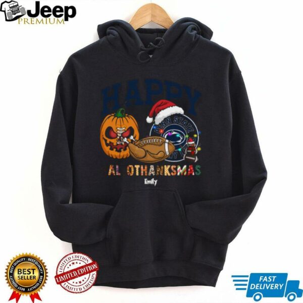 Custom Penn State Nittany Lions HalloThanksMas Shirt, Festive Holiday Tee with Pumpkin Football Santa Hat, NCAA Gift for Halloween Thanksgiving Christmas