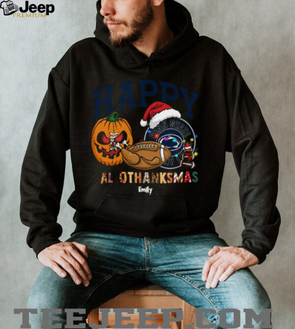 Custom Penn State Nittany Lions HalloThanksMas Shirt, Festive Holiday Tee with Pumpkin Football Santa Hat, NCAA Gift for Halloween Thanksgiving Christmas